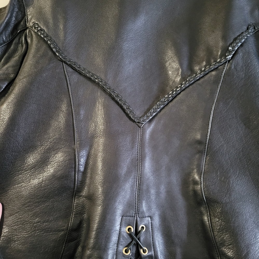Womens black leather motorcycle jacket, XXL - Picture 2 of 4